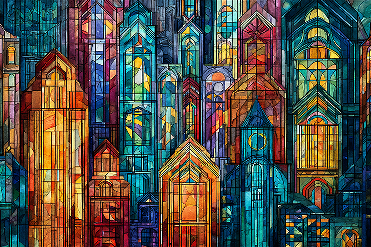 A vibrant stained glass artwork depicting a cityscape
