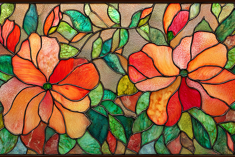 A vibrant stained glass artwork of flowers and leaves