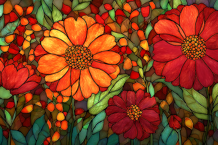 A vibrant stained glass artwork of colorful flowers