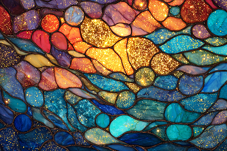 A vibrant stained glass artwork with colorful sparkles