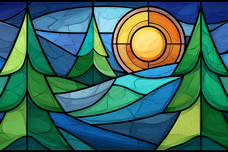 A stained glass artwork depicting a serene landscape