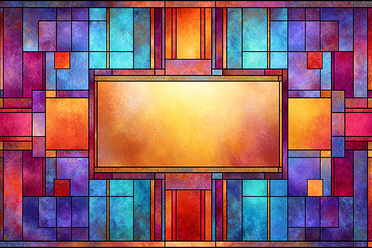 A colorful abstract stained glass artwork with a central