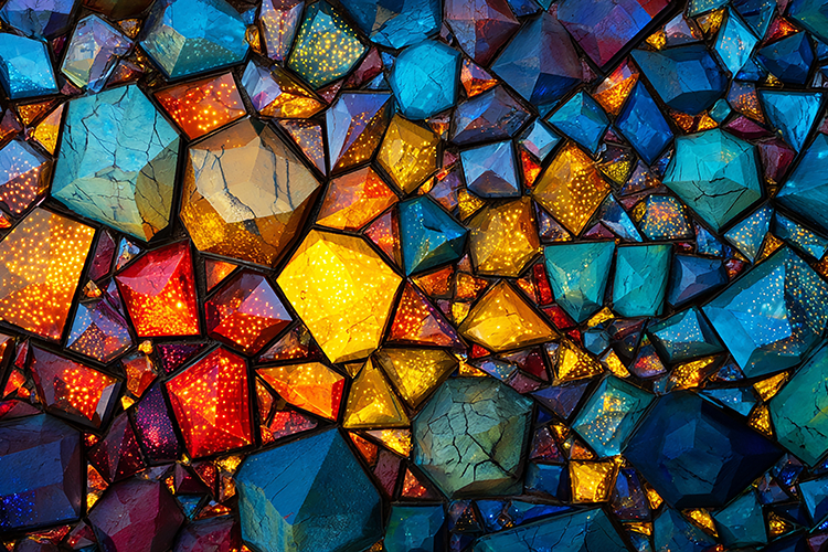 A colorful mosaic artwork with vibrant stained glass