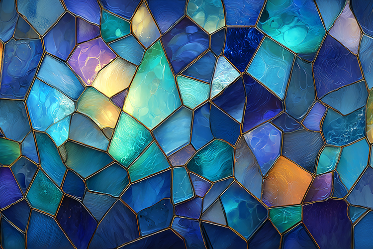 A vibrant mosaic featuring various shades blue glass pieces