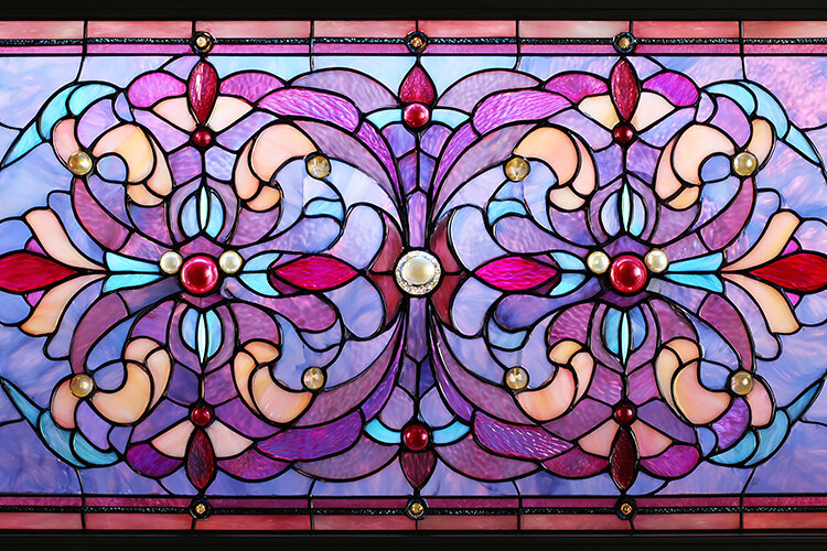 A vibrant stained glass window with intricate (6555661)