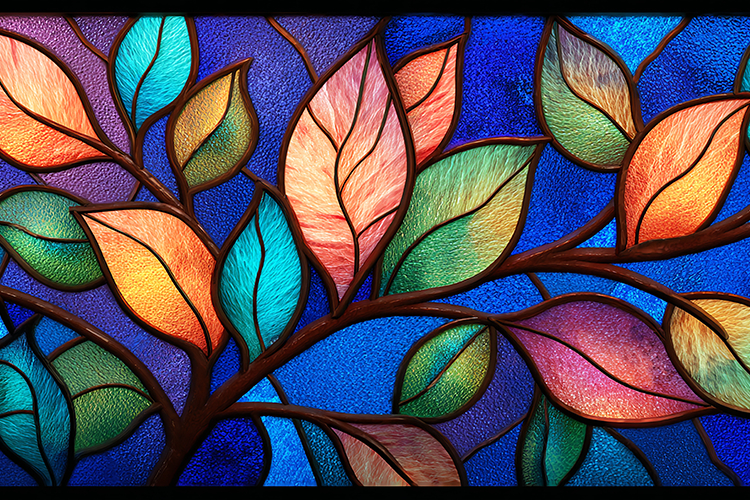 A colorful stained glass artwork of a tree with vibrant leav