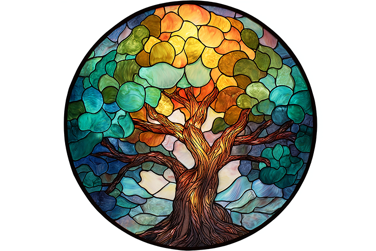 A colorful stained glass artwork of a tree with vibrant leav