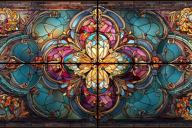 A vibrant stained glass window with intricate (6555968)
