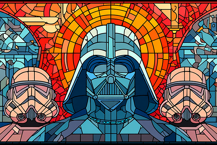 A stained glass artwork of Darth Vader and stormtroopers