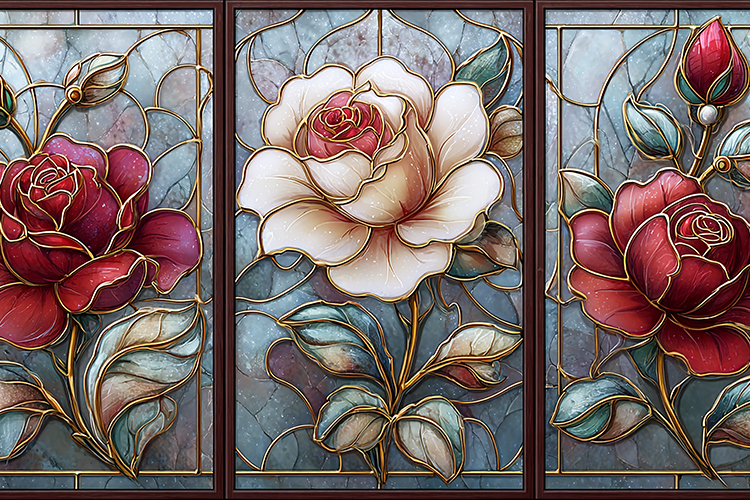 A beautiful stained glass window with roses and leaves desig