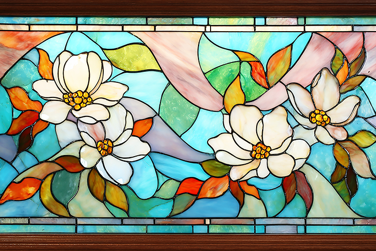 A beautiful stained glass window with white flowers & colors