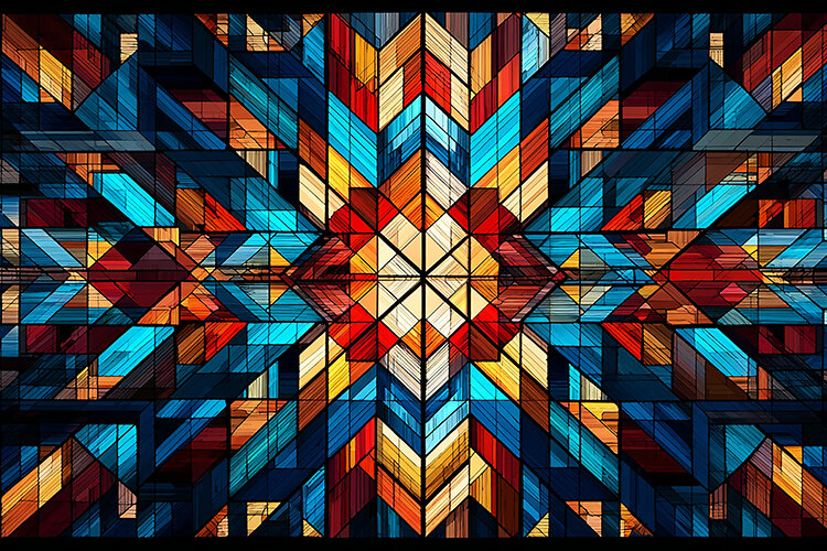 A vibrant geometric pattern with colorful shapes and lines