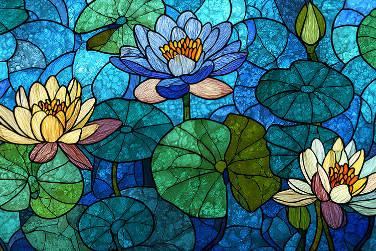 A stained glass artwork of lotus flowers in a serene pond