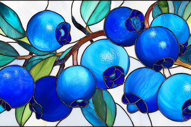 A stained glass artwork of blueberries on a branch