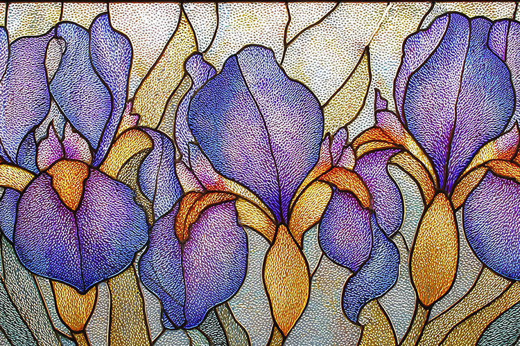 A stained glass artwork of vibrant purple irises