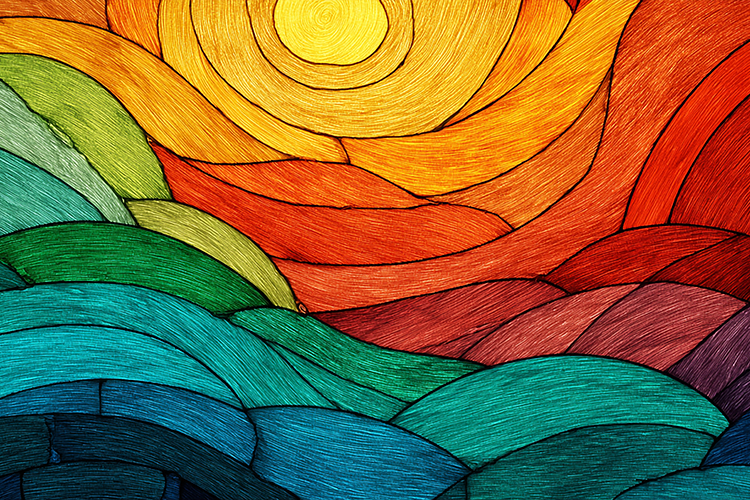 A vibrant and colorful abstract art piece featuring swirling