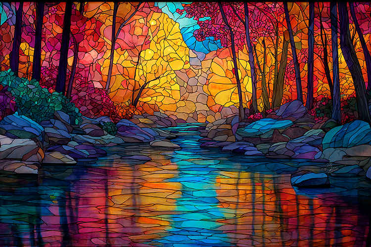 A vibrant stained glass artwork depicting a serene forest