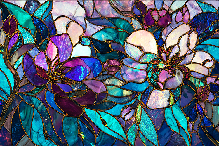 A stained glass artwork of colorful flowers