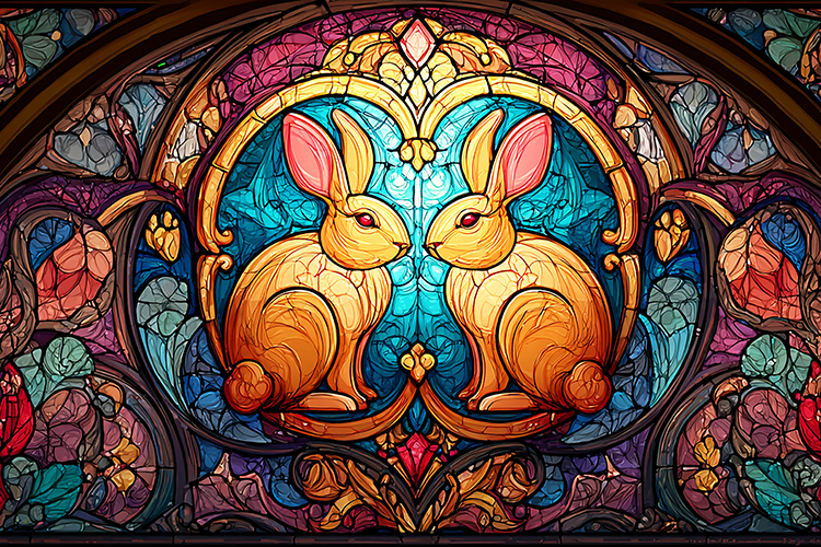 A colorful stained glass window with two rabbits