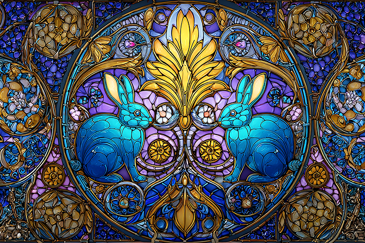 A colorful stained glass artwork featuring rabbits
