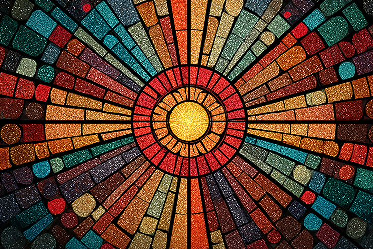A vibrant mosaic artwork depicting a sun