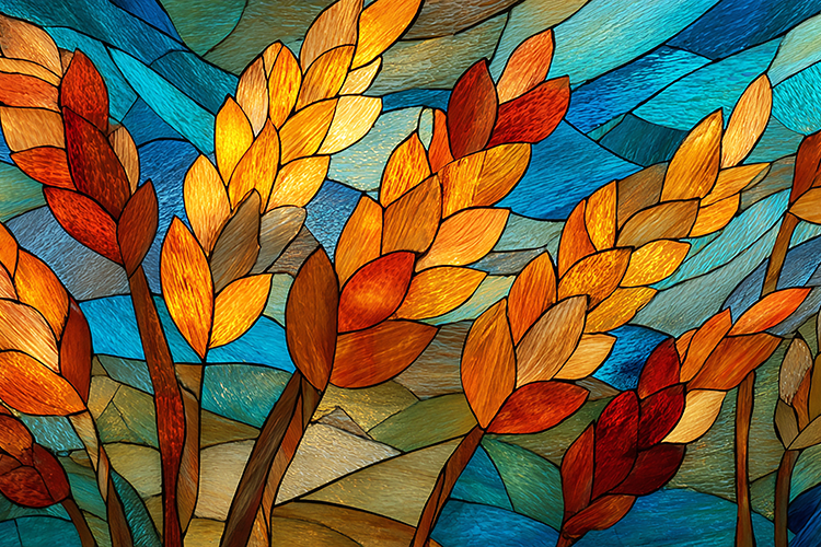 A vibrant stained glass artwork of wheat