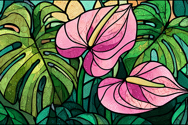 A vibrant stained glass of pink flowers and green leaves
