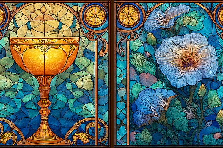 A stained glass artwork of flowers and a golden goblet