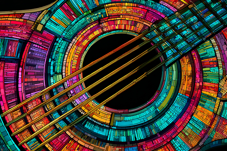 A colorful stained glass guitar body closeup