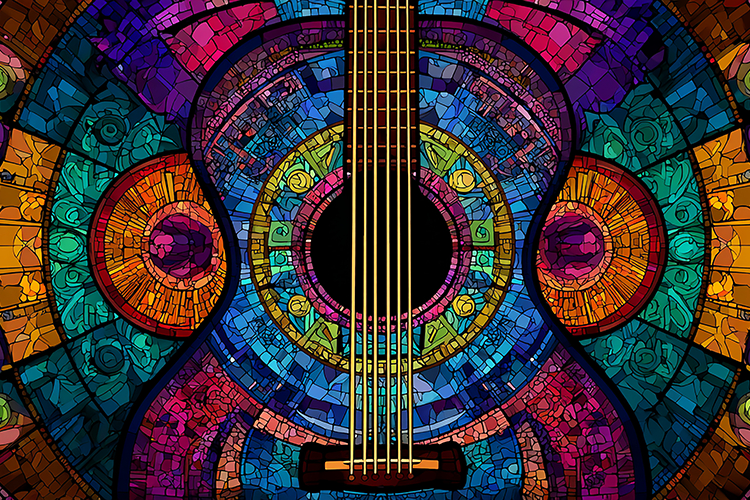 A vibrant stained glass guitar artwork