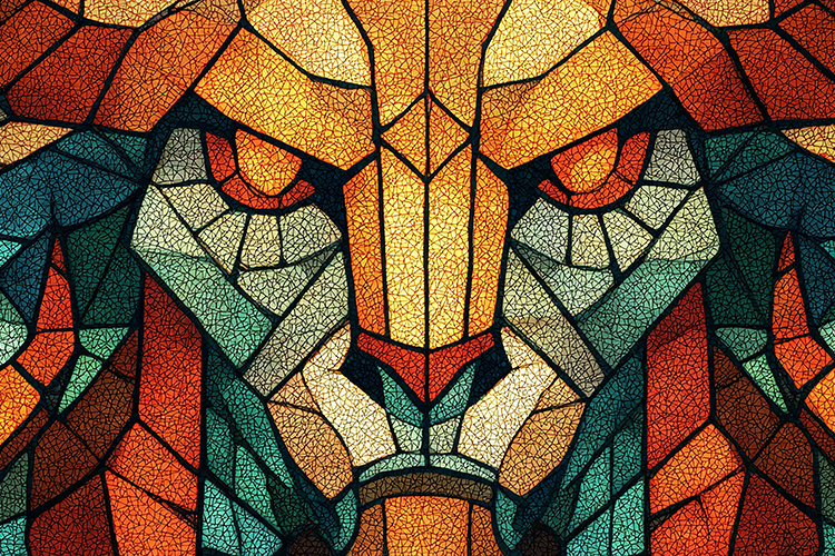A colorful stained glass lions face portrait