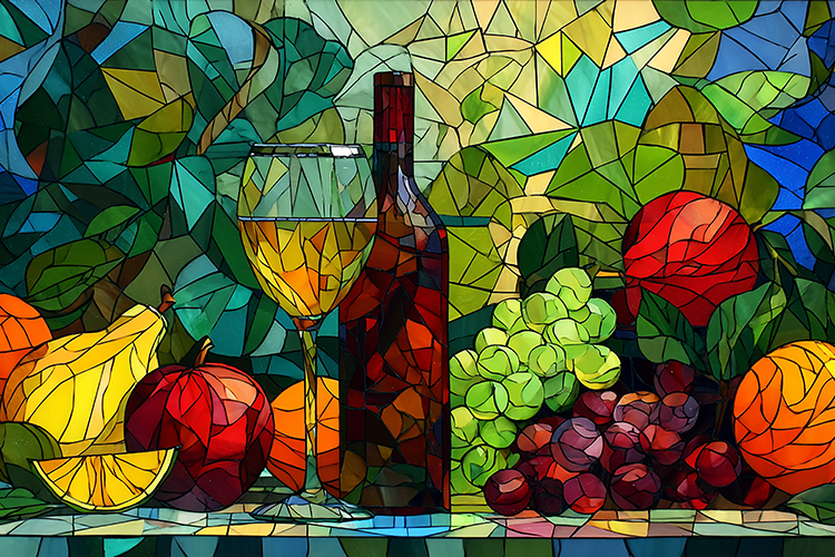 A vibrant mosaic artwork of wine and fruit