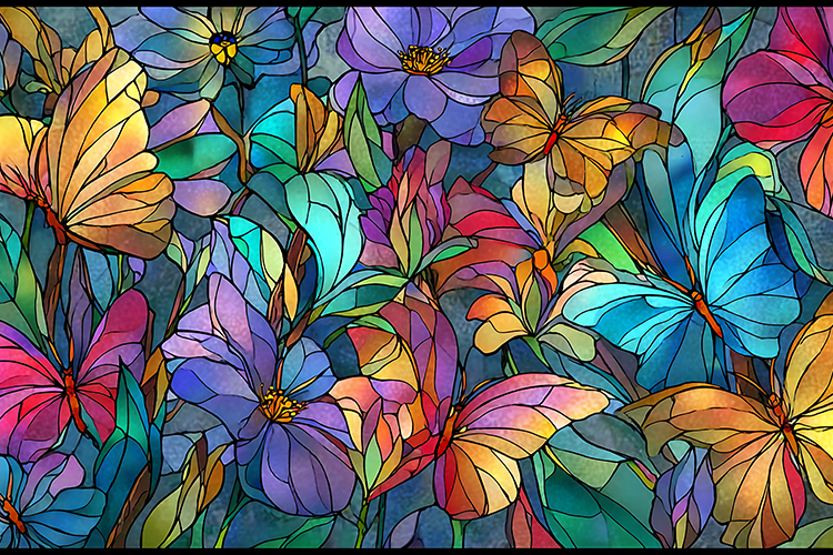 A colorful stained glass artwork of butterflies and flowers