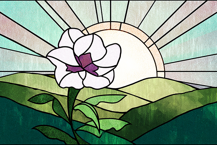 A stained glass artwork of a flower in front of a sunrise
