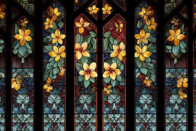 A beautiful stained glass window with yellow flowers