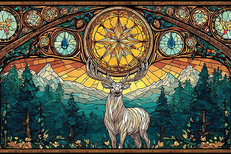 A majestic deer stands in a forest with a stained glass