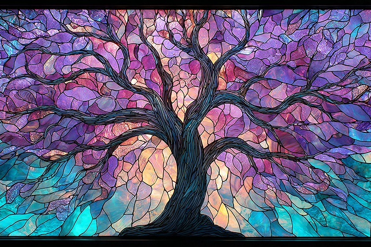 A vibrant mosaic artwork of a tree with colorful leaves