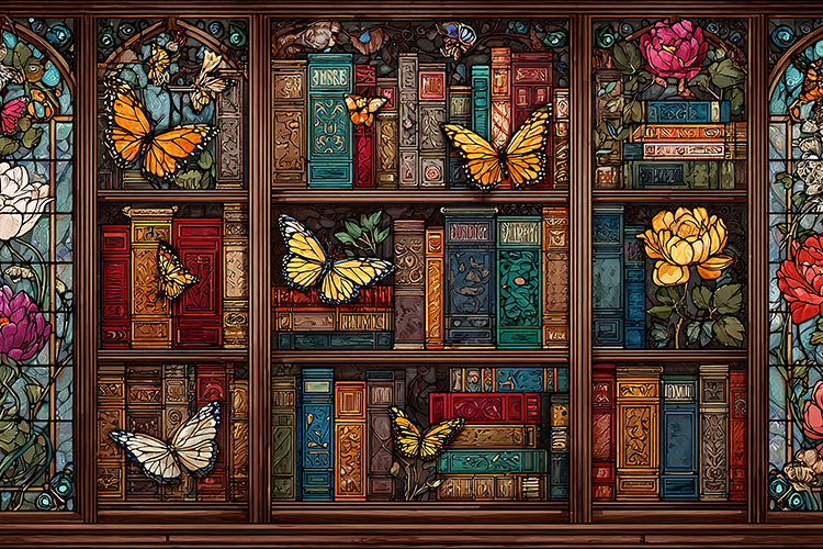 A colorful stained glass window with butterflies and books