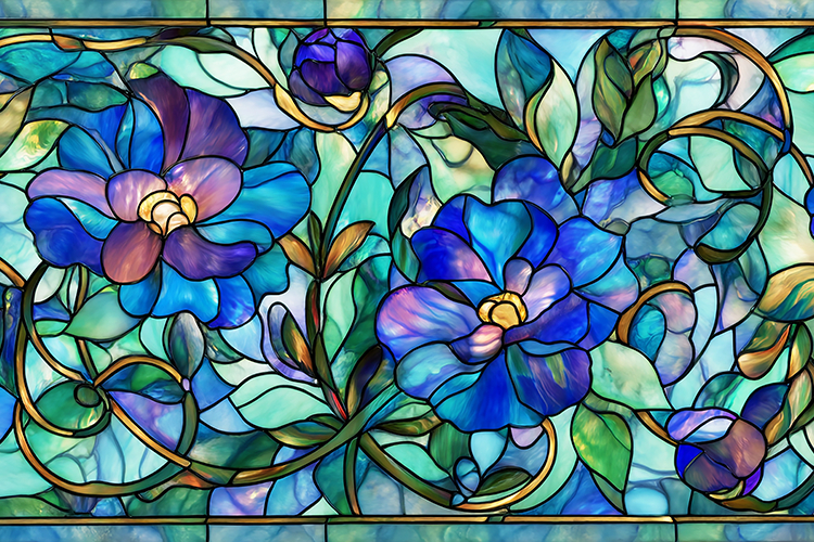 A vibrant stained glass window featuring blue flowers