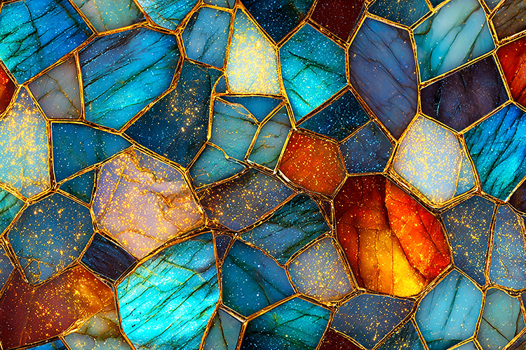 A vibrant mosaic artwork with colorful stained glass
