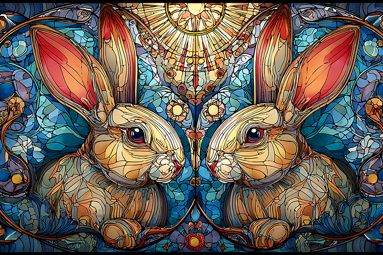 A stained glass artwork featuring two adorable rabbits