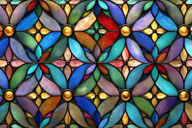A colorful stained glass window with a floral pattern design
