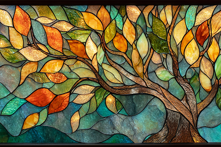 A stained glass artwork of a tree with colorful leaves