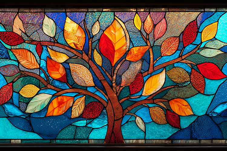 A vibrant stained glass artwork of a tree with colorful