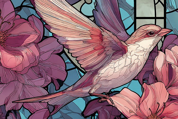 A stained glass artwork of a bird in flight surrounded