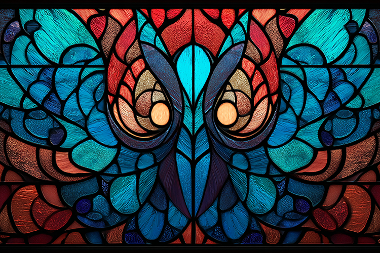 A vibrant stained glass artwork of an owls face with color