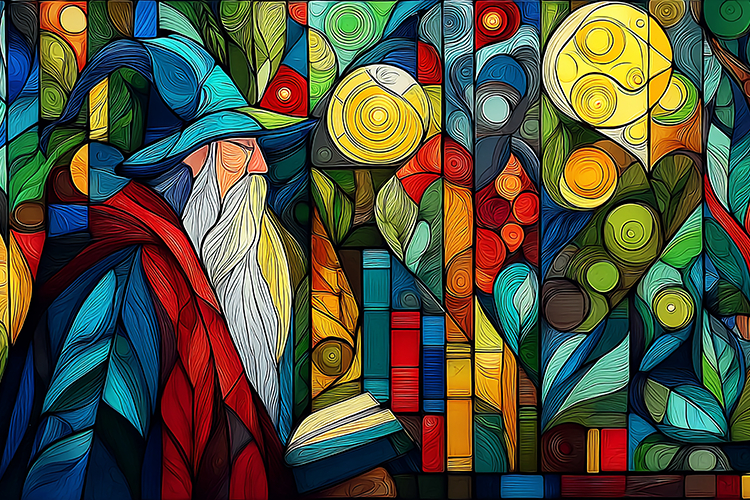 A colorful stained glass artwork of a wizard reading a book