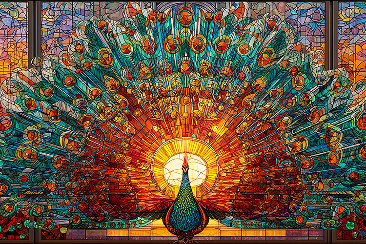 A vibrant peacock spreads its colorful feathers in a grand