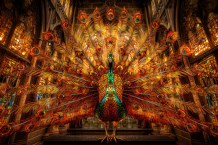 A vibrant peacock spreads its colorful feathers in a grand