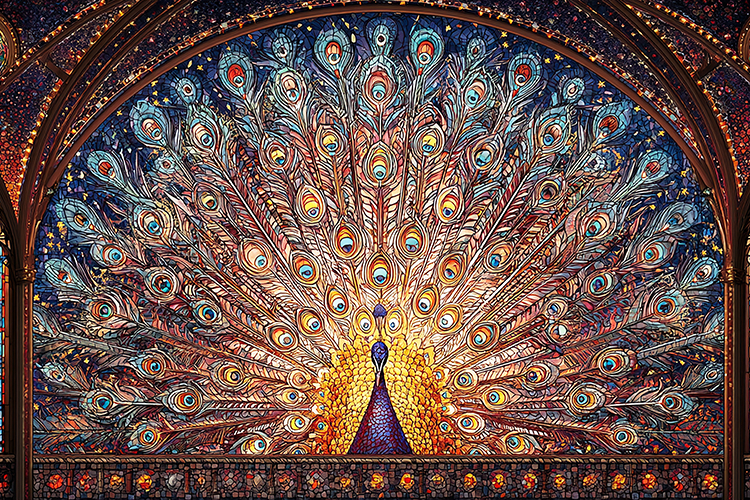 A vibrant peacock mosaic adorns an ornate archway